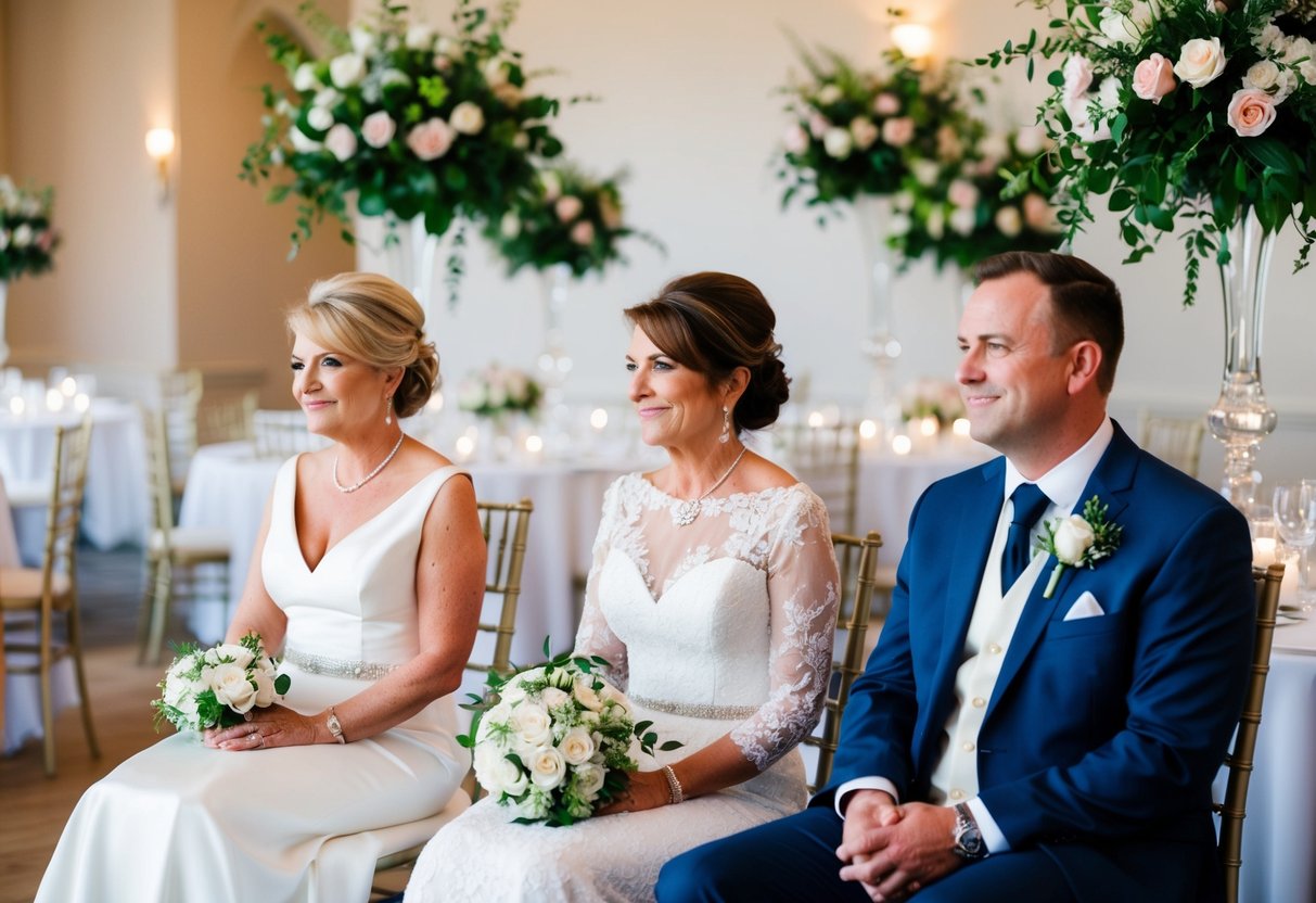 The mother of the bride is seated first, followed by the mother of the groom, at a beautifully decorated wedding venue with elegant chairs and floral arrangements