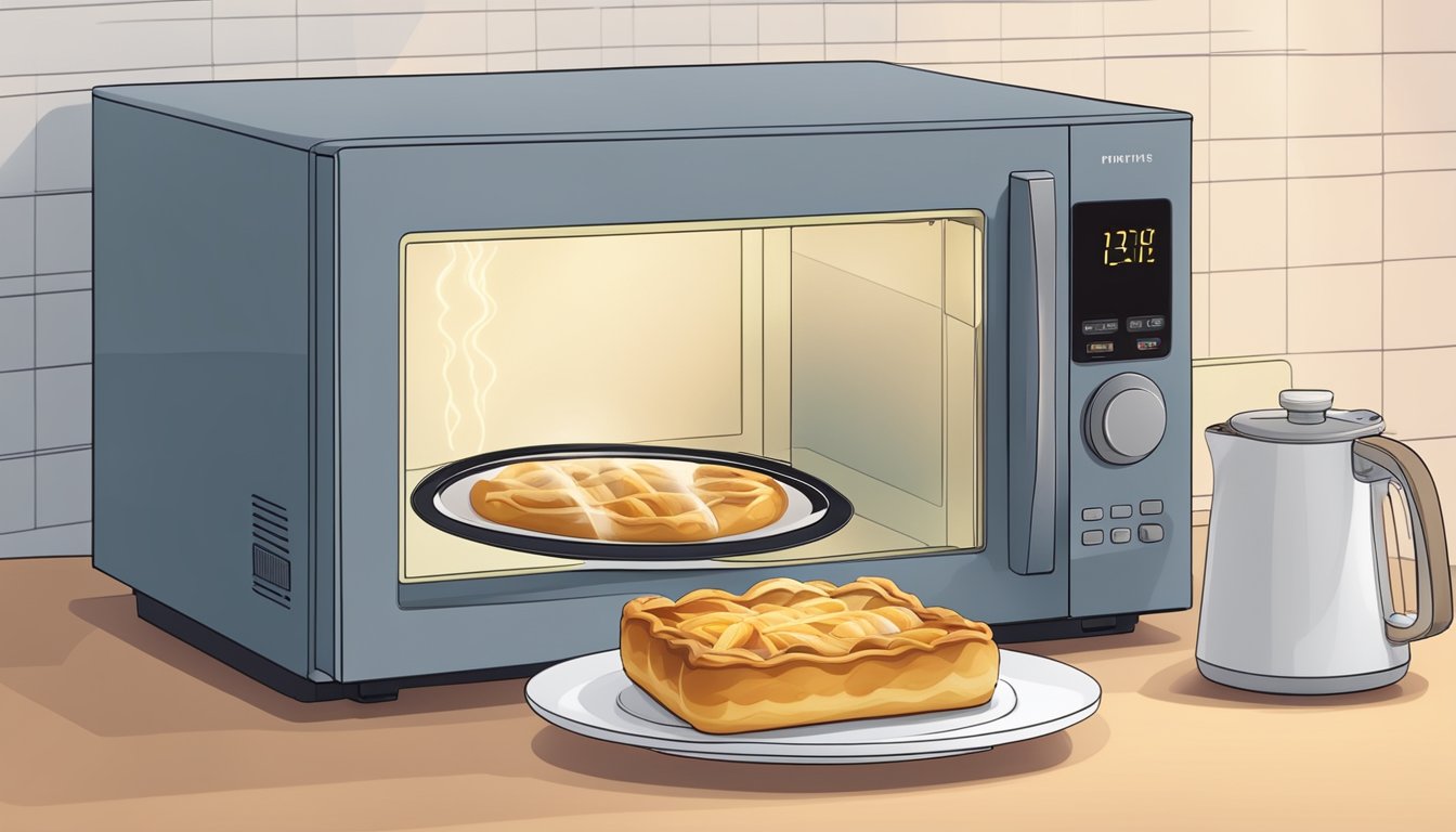 A microwave with a plate of danish pastry inside, a timer set, and steam rising from the pastry