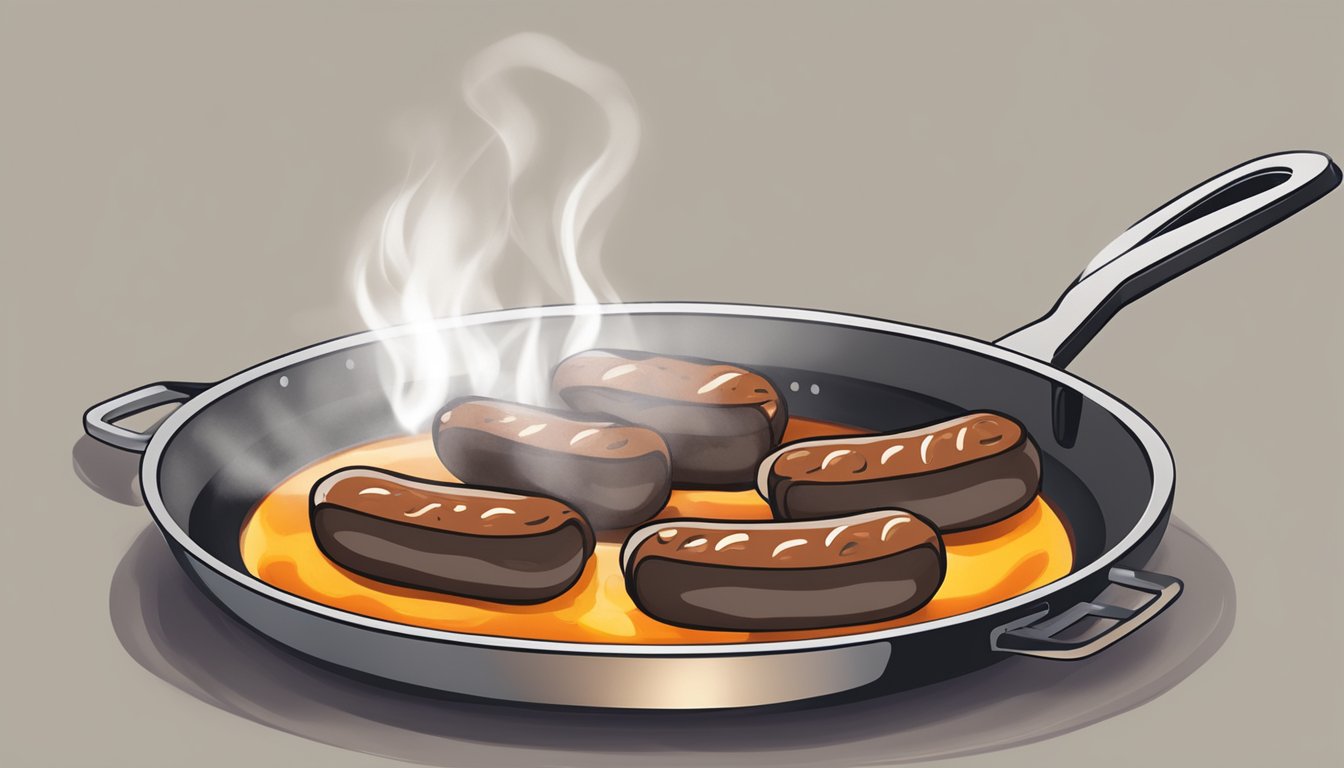 A skillet sizzling with elk sausages being gently reheated over a medium flame, steam rising as the aroma fills the kitchen