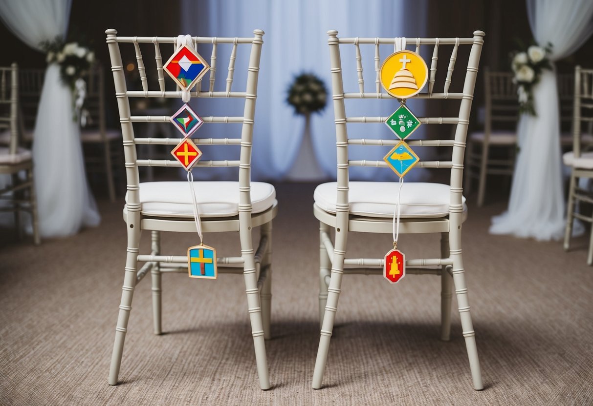 A wedding scene with two empty chairs, one adorned with symbols of different cultures and religions, suggesting the need for consideration of seating order
