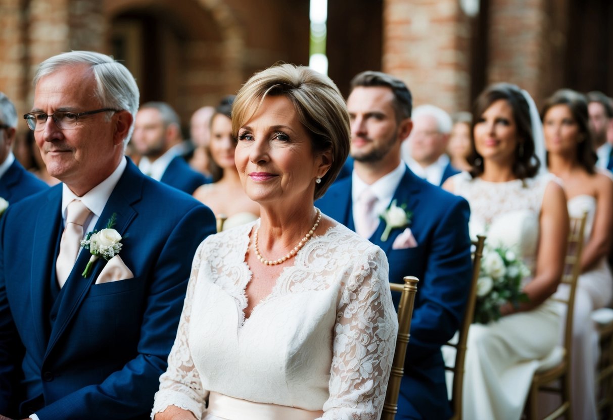 A mother is seated first at the front row of a wedding ceremony, followed by the groom's mother