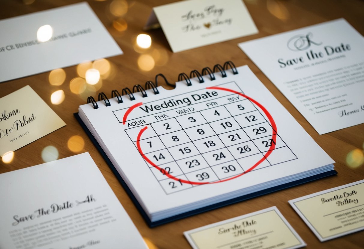A calendar with a wedding date circled in red, surrounded by blank invitations and save the date cards