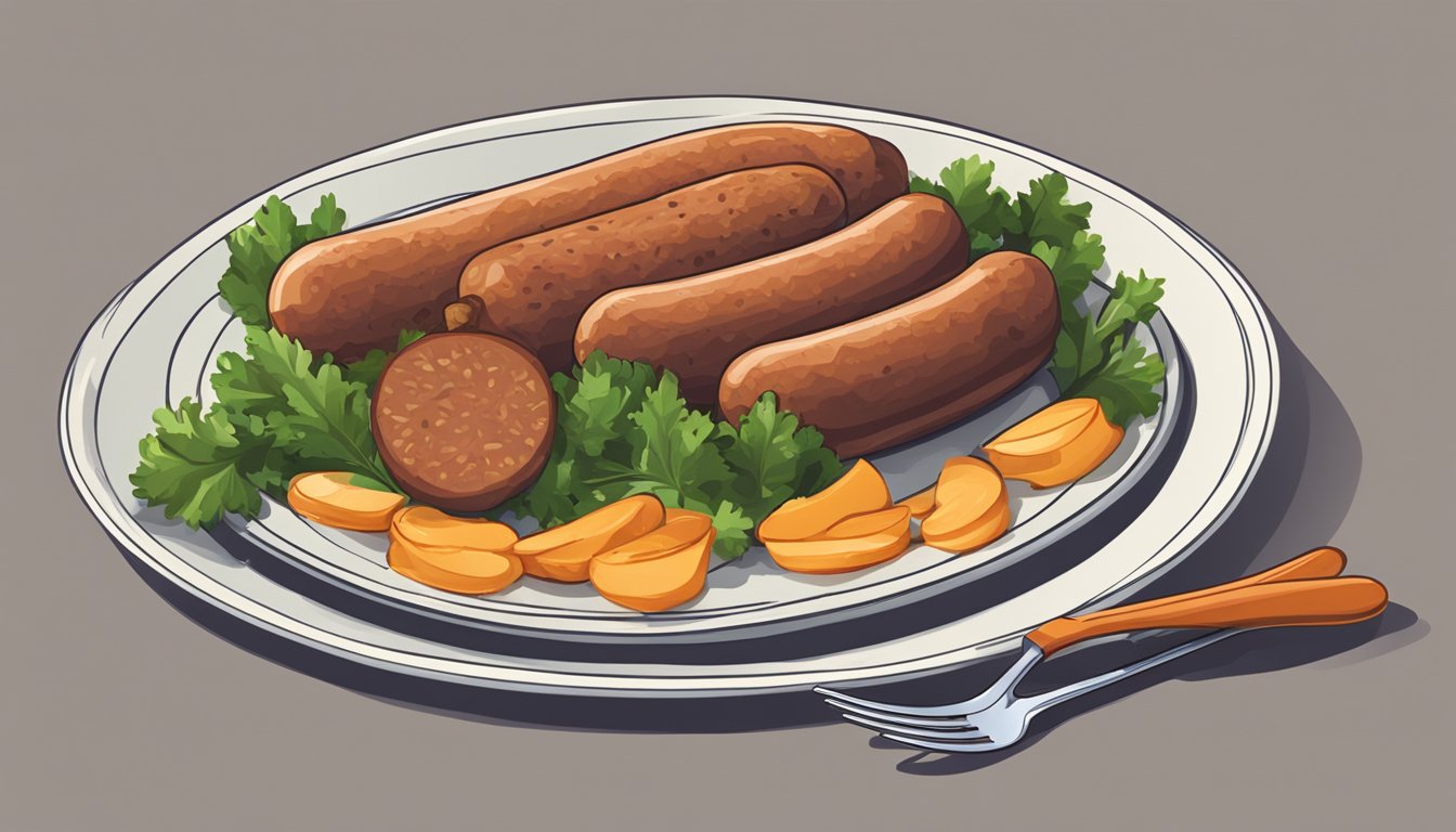 Elk sausage on a plate with a fork, next to a microwave