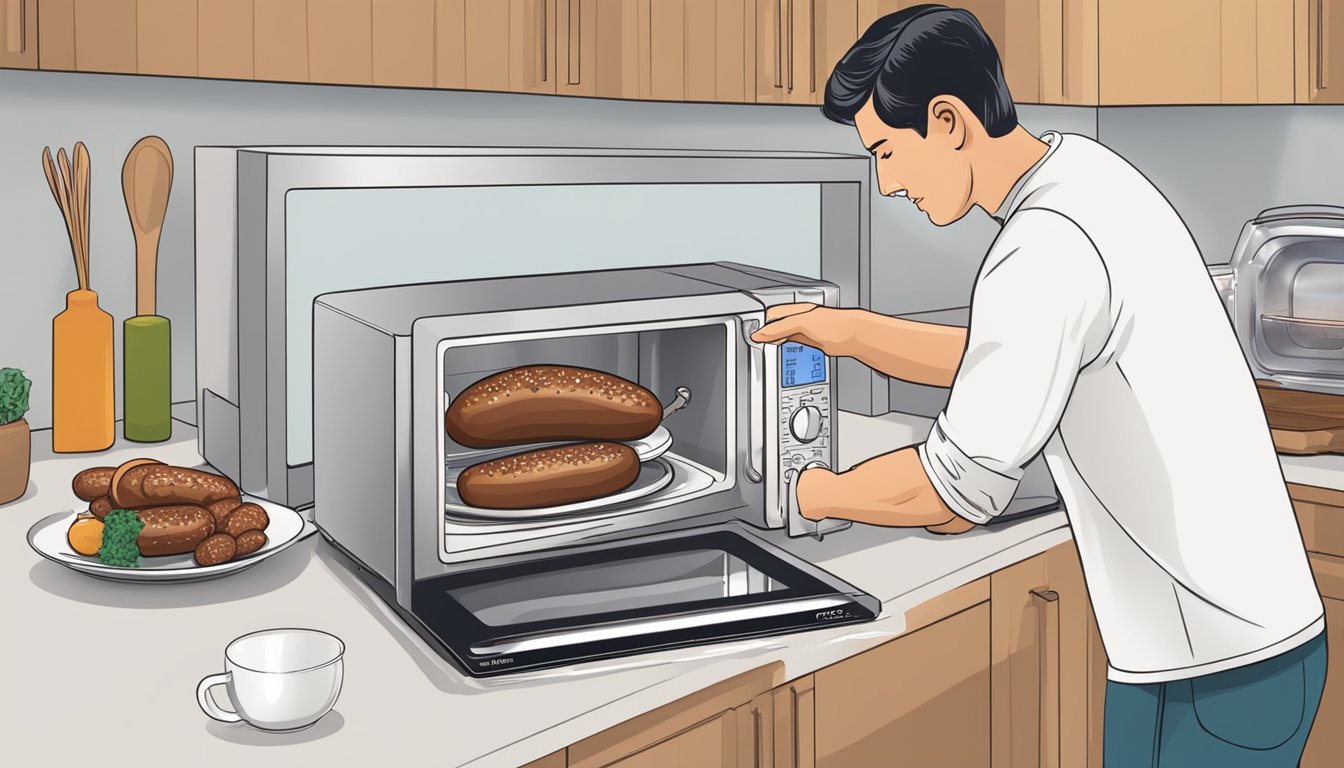 A person placing elk sausage in a microwave-safe dish with a lid, setting the timer, and ensuring proper internal temperature with a meat thermometer