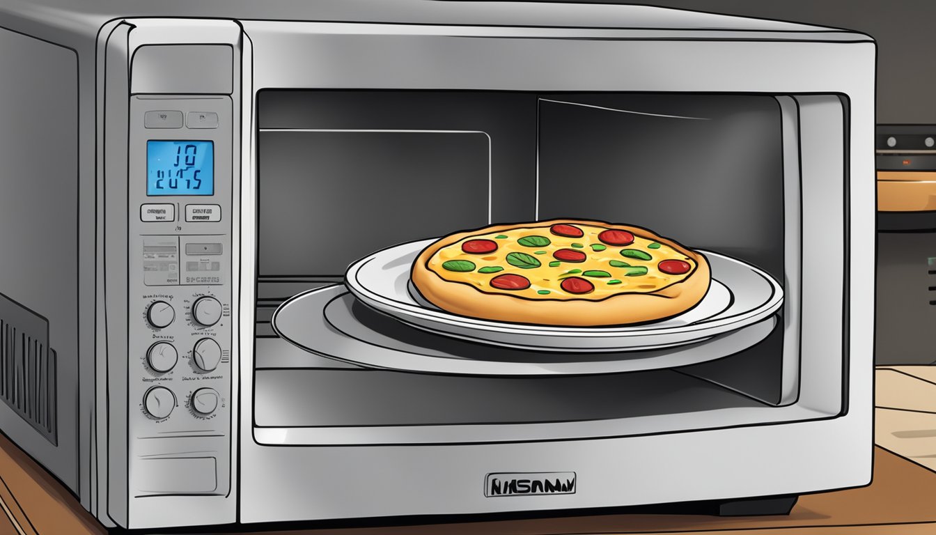 An English muffin pizza sits on a microwave-safe plate, rotating inside the microwave as it heats up