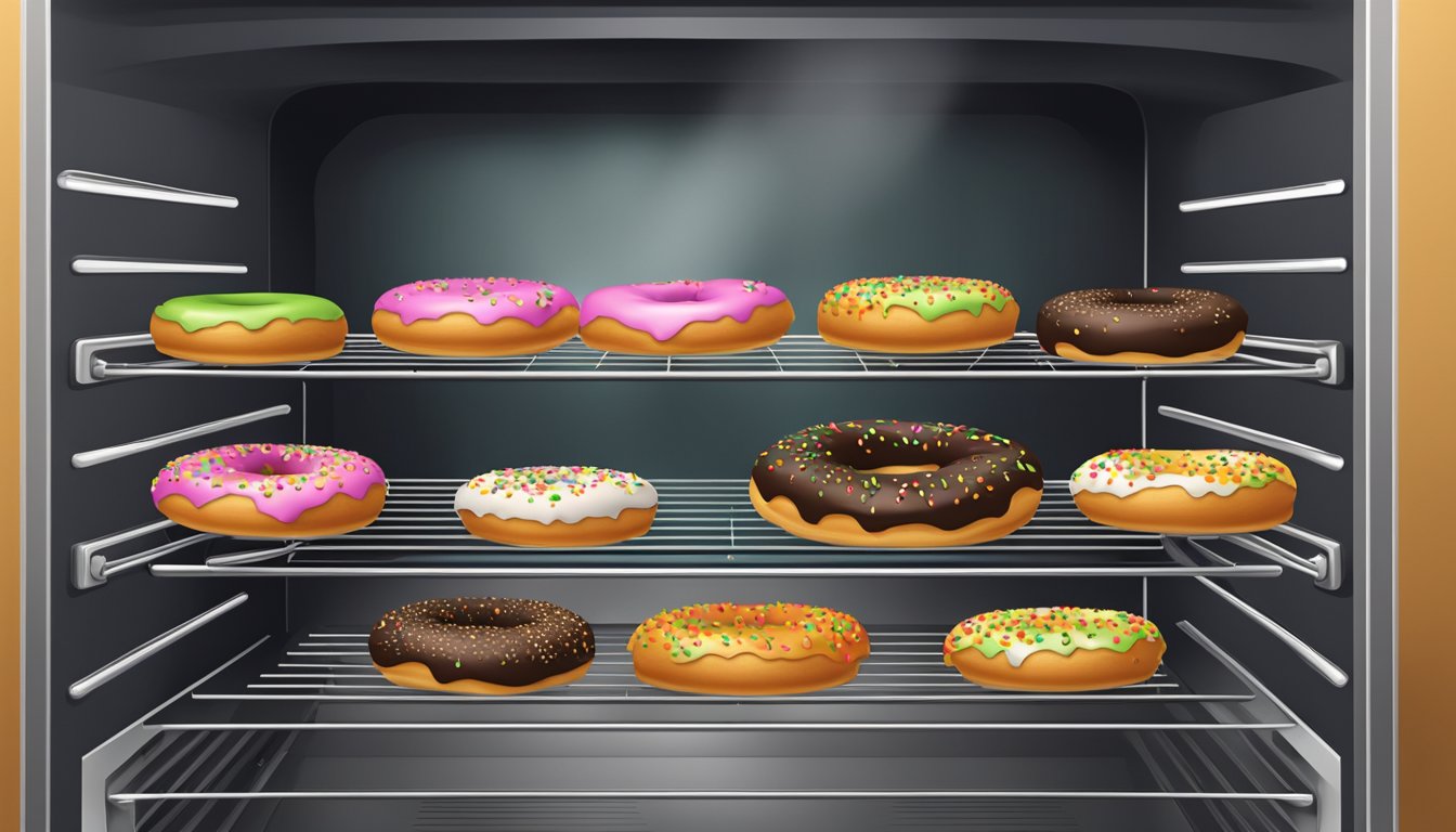 A plate of donut holes placed in the oven, with the oven door open and heat emanating from the inside