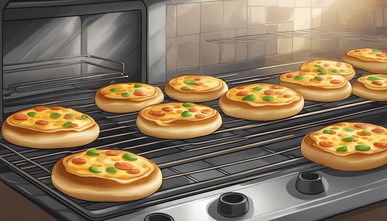 An oven with a golden brown English muffin pizza on a baking sheet, emitting a tantalizing aroma