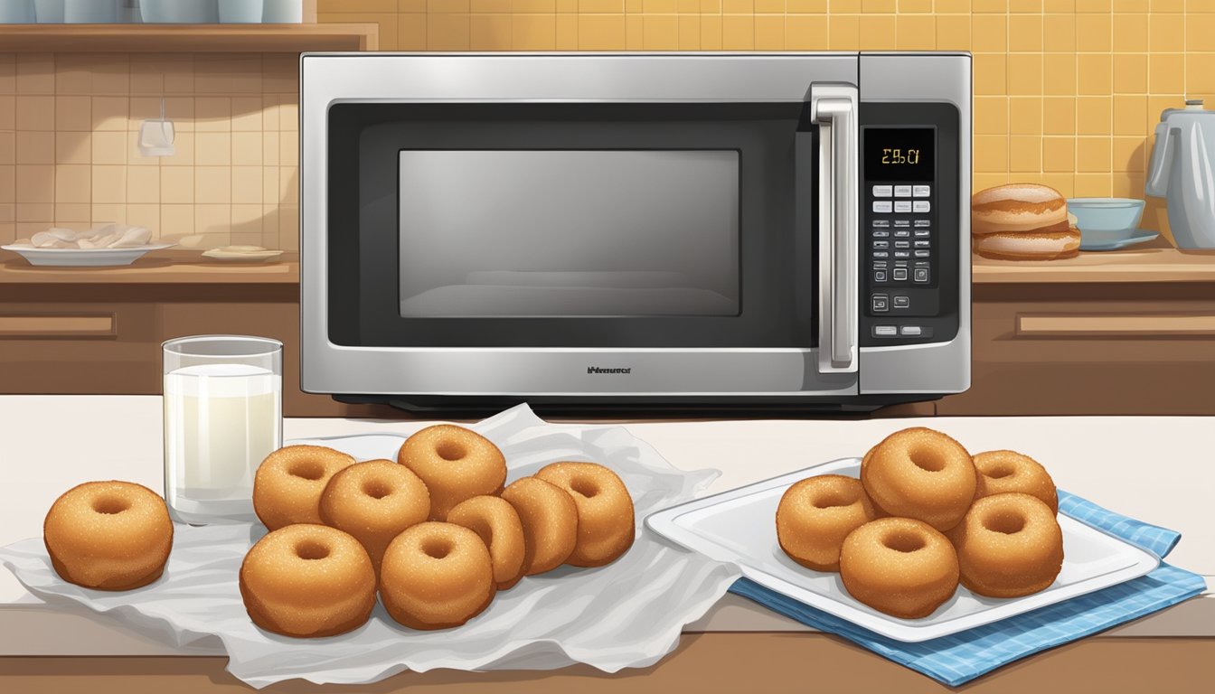 A microwave emitting waves towards a plate of donut holes on a paper towel