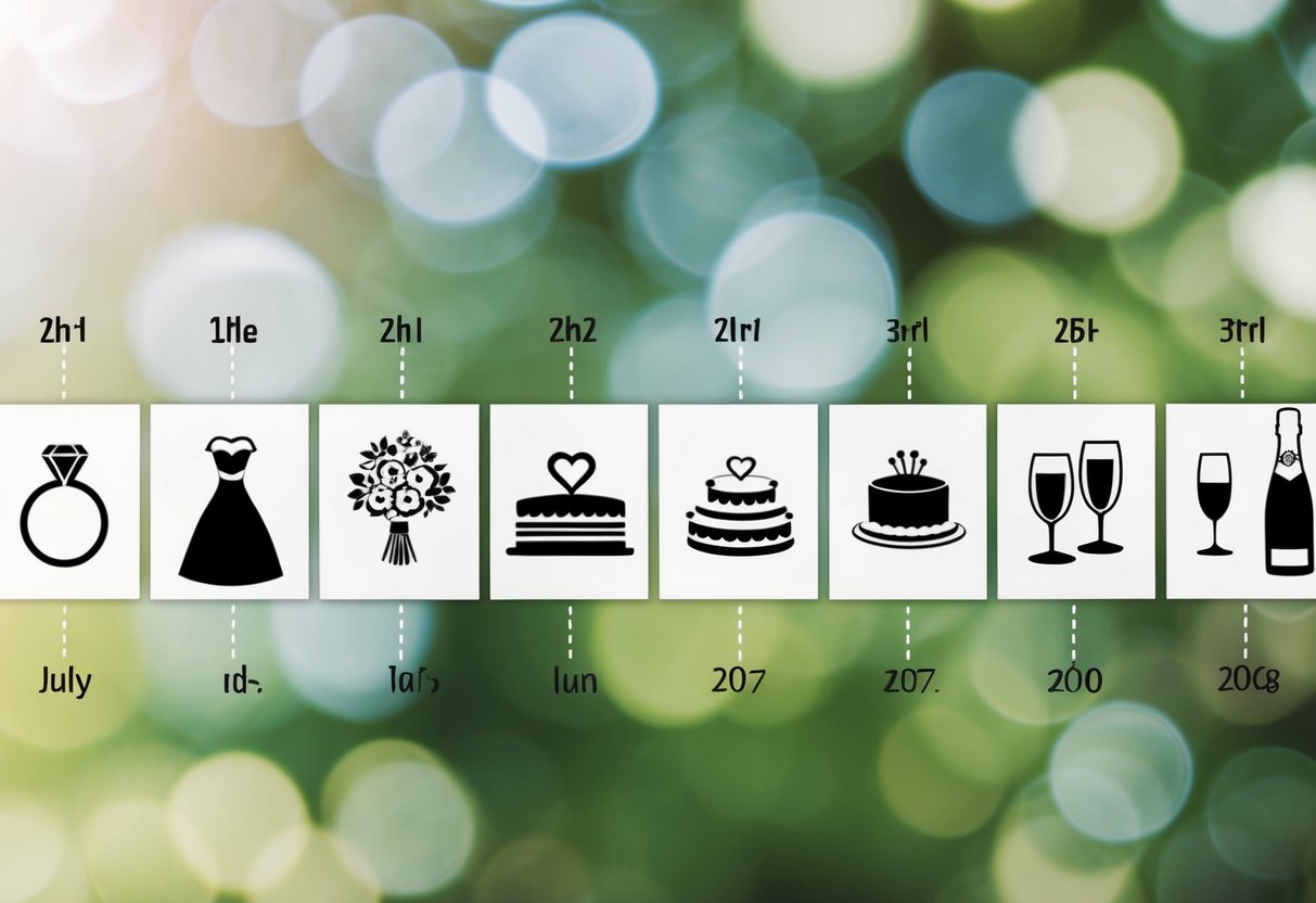 A timeline with wedding-related icons and symbols, such as a wedding ring, bouquet, cake, and champagne glasses, arranged in chronological order