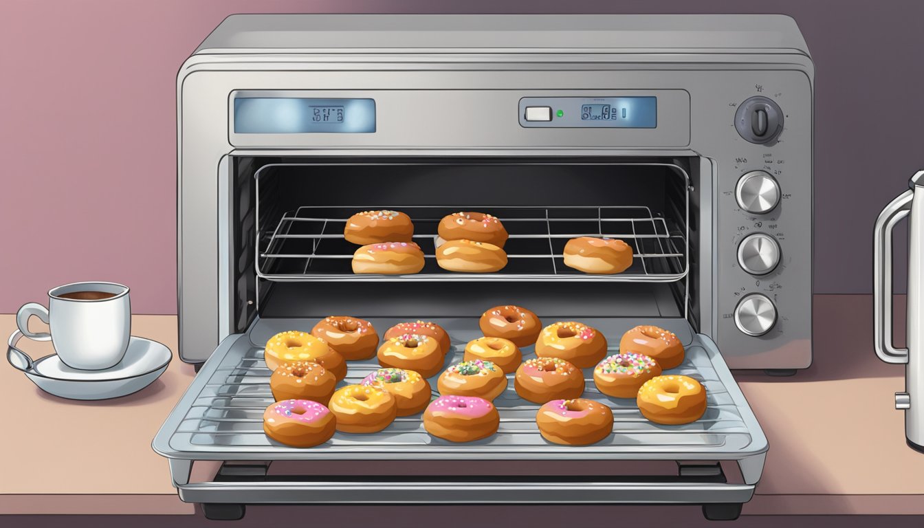 A plate of donut holes being reheated in a toaster oven