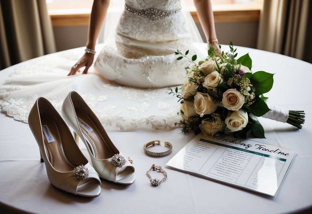 A bride's dress, shoes, and jewelry laid out on a table, with a bouquet of flowers and a wedding timeline schedule