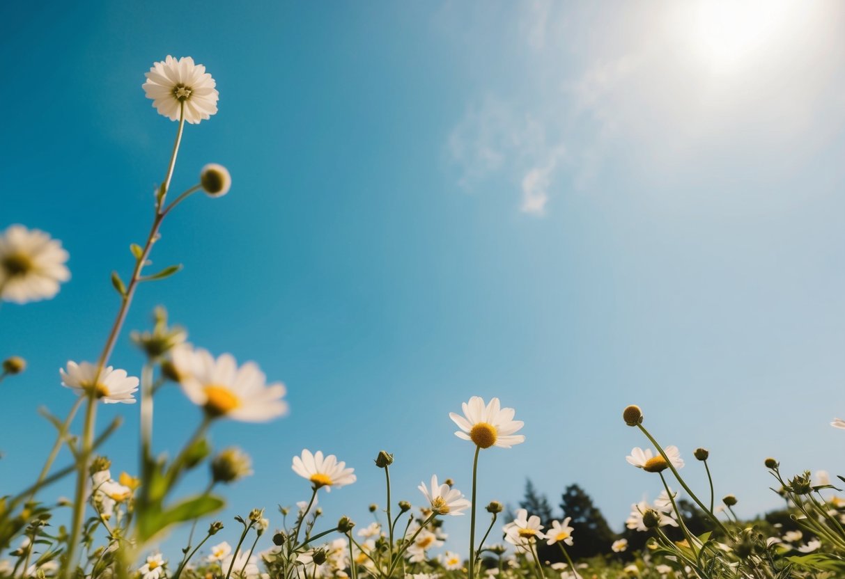 A sunny day with flowers in full bloom, a gentle breeze, and a clear blue sky, indicating a perfect time for a wedding