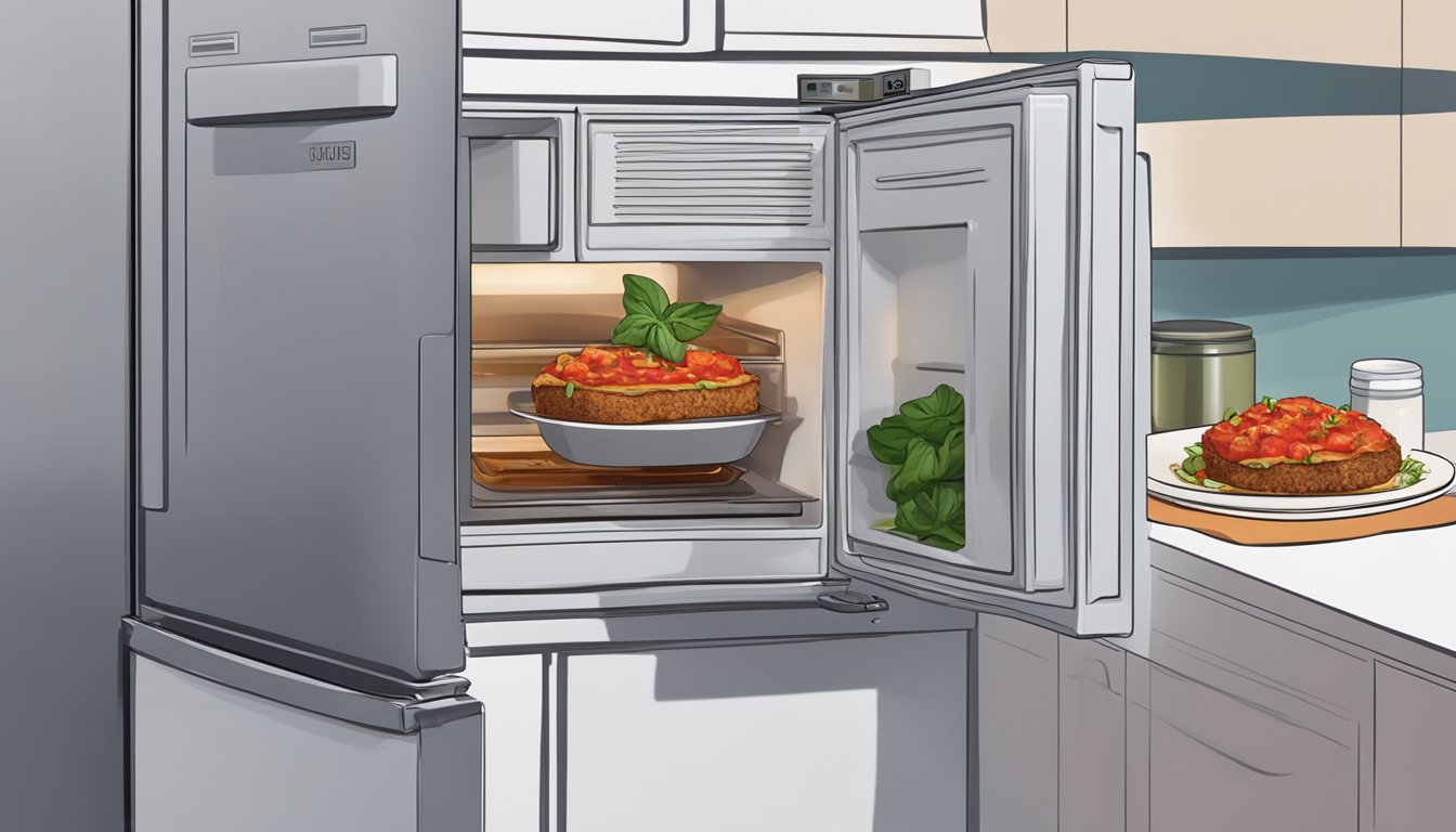 A container of eggplant parmesan sits in a refrigerator next to other leftovers. A microwave is shown with a plate of reheated eggplant parmesan inside