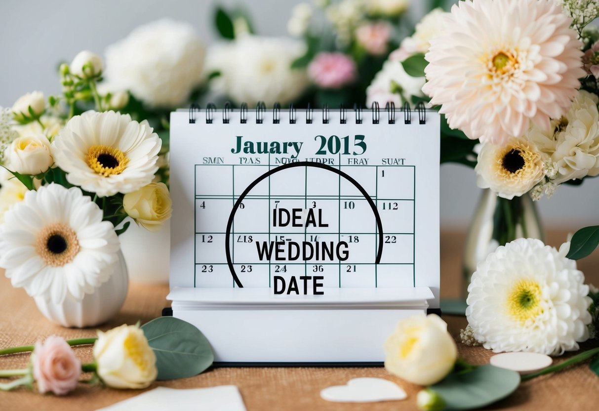 A calendar with a circle around the ideal wedding date, surrounded by flowers and wedding decor