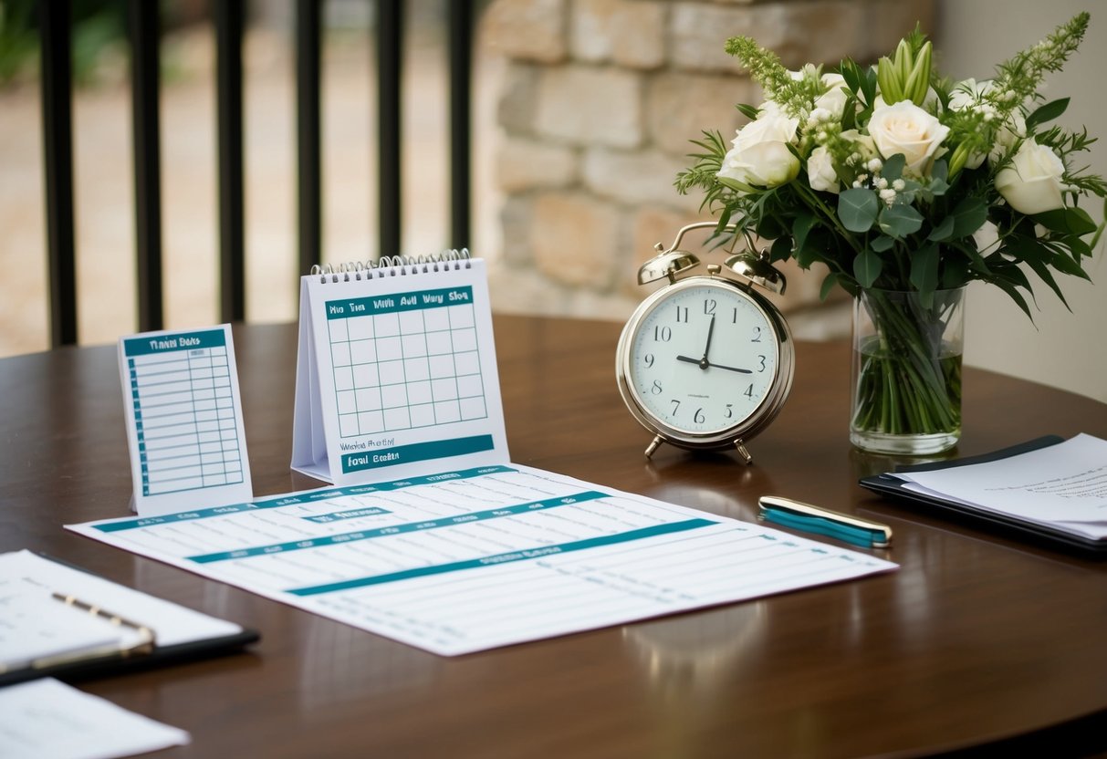 A table with a neatly arranged wedding timeline, featuring a calendar, clock, and checklist of tasks. A bouquet of flowers sits nearby