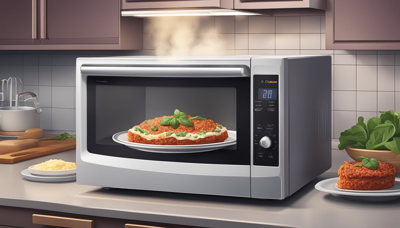 A microwave sits on a kitchen counter with a plate of eggplant parmesan inside. Steam rises from the dish as it rotates on the turntable