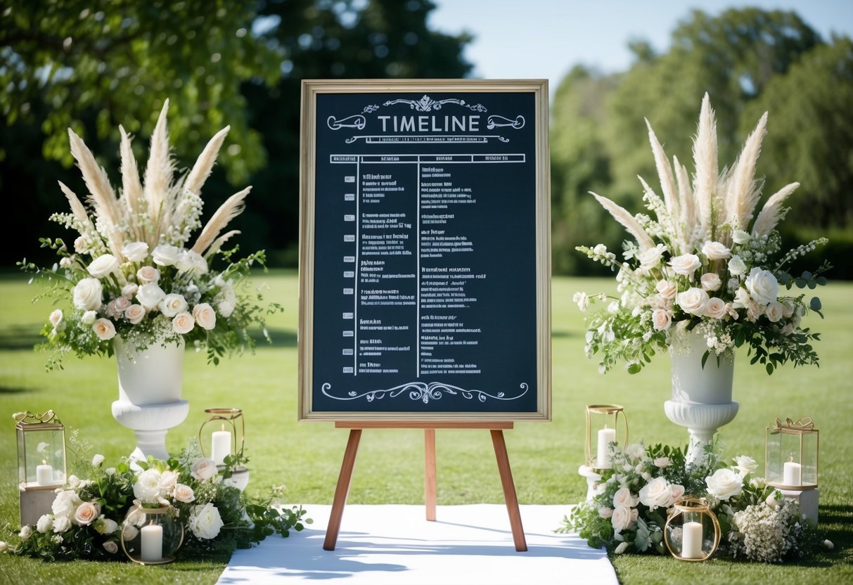 A sunny outdoor wedding with a timeline displayed on a vintage-inspired chalkboard surrounded by floral arrangements and elegant decor