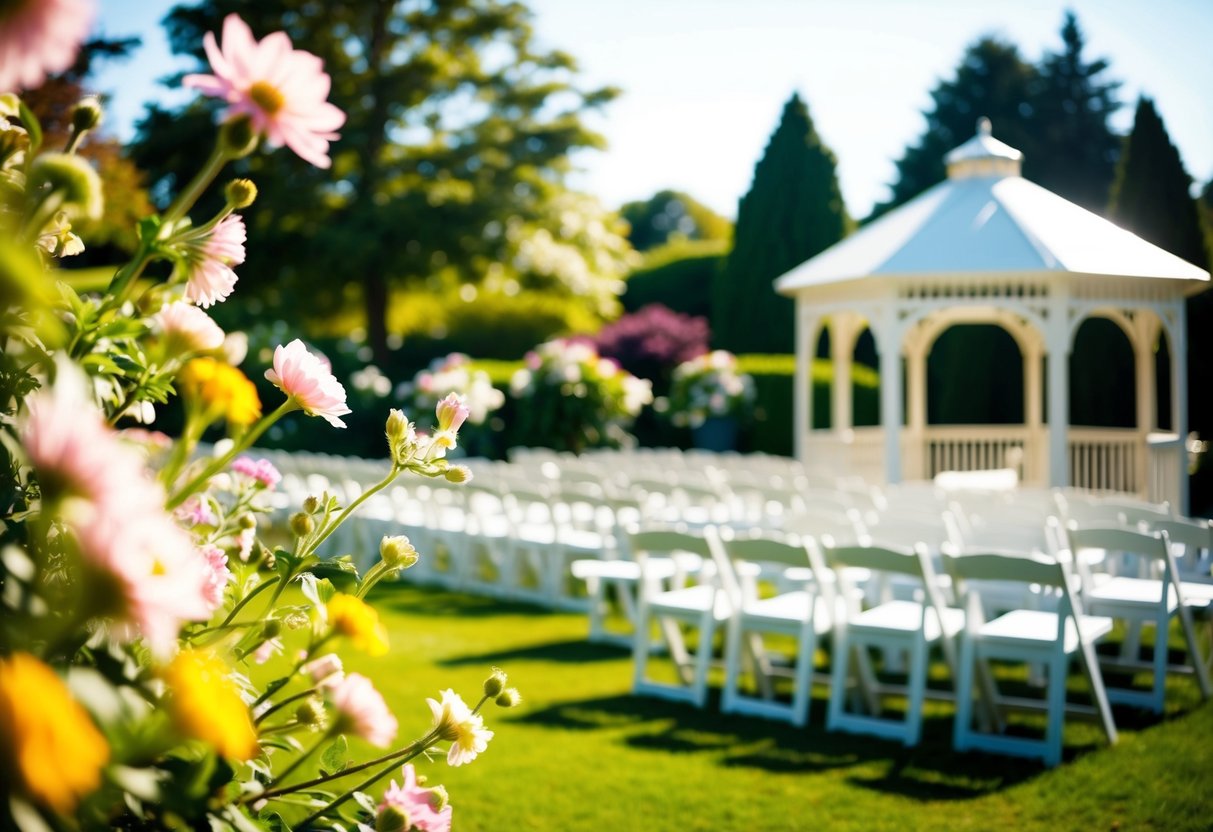 A sunlit garden with blooming flowers and a gazebo, set for a wedding ceremony