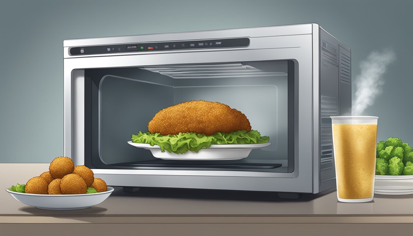 A microwave with a falafel wrap on a plate, steam rising from the wrap