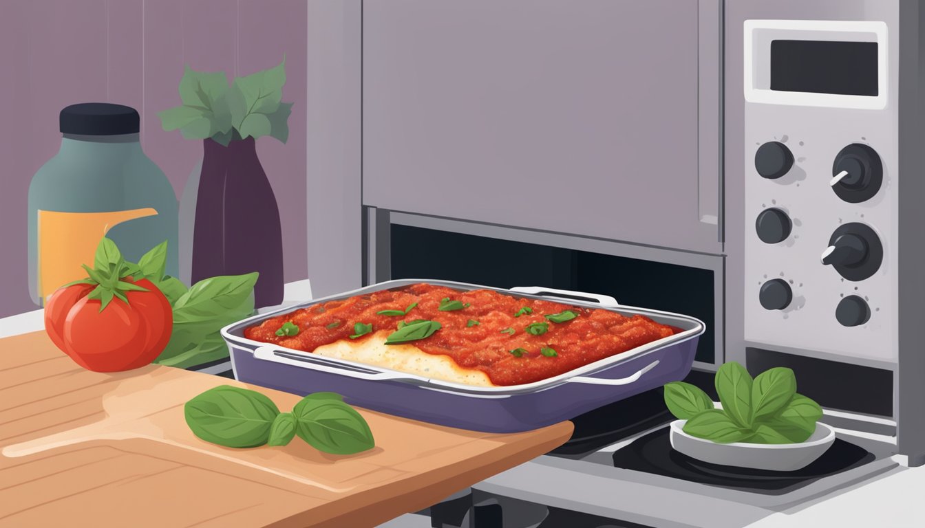 Eggplant parmesan being reheated in the oven with a side of marinara sauce and a sprinkle of fresh basil leaves