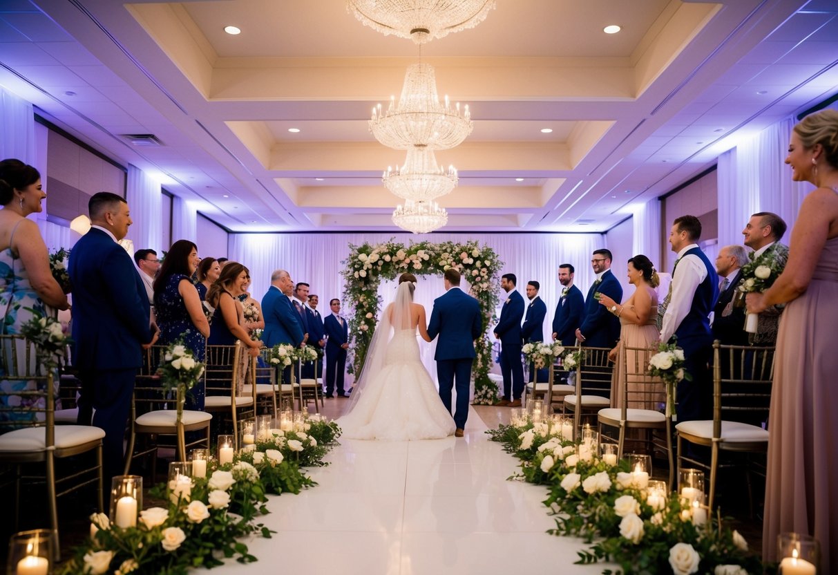 A wedding ceremony and reception, from start to finish, lasting several hours, with decorations, guests, and a variety of activities