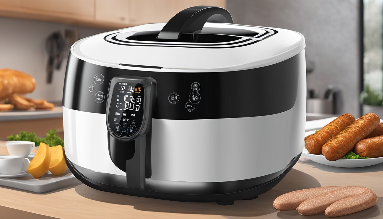 A duck sausage is placed inside an air fryer, the digital display shows the temperature and time settings, while the hot air circulates around the sausage