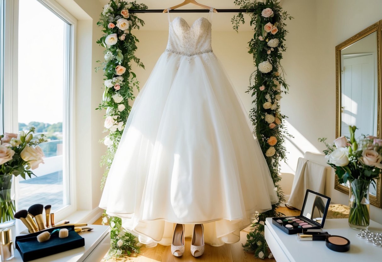 A bride's gown hangs in a sunlit room, surrounded by flowers, jewelry, and a pair of elegant shoes. A makeup table is adorned with brushes and cosmetics, ready for the pre-wedding preparations