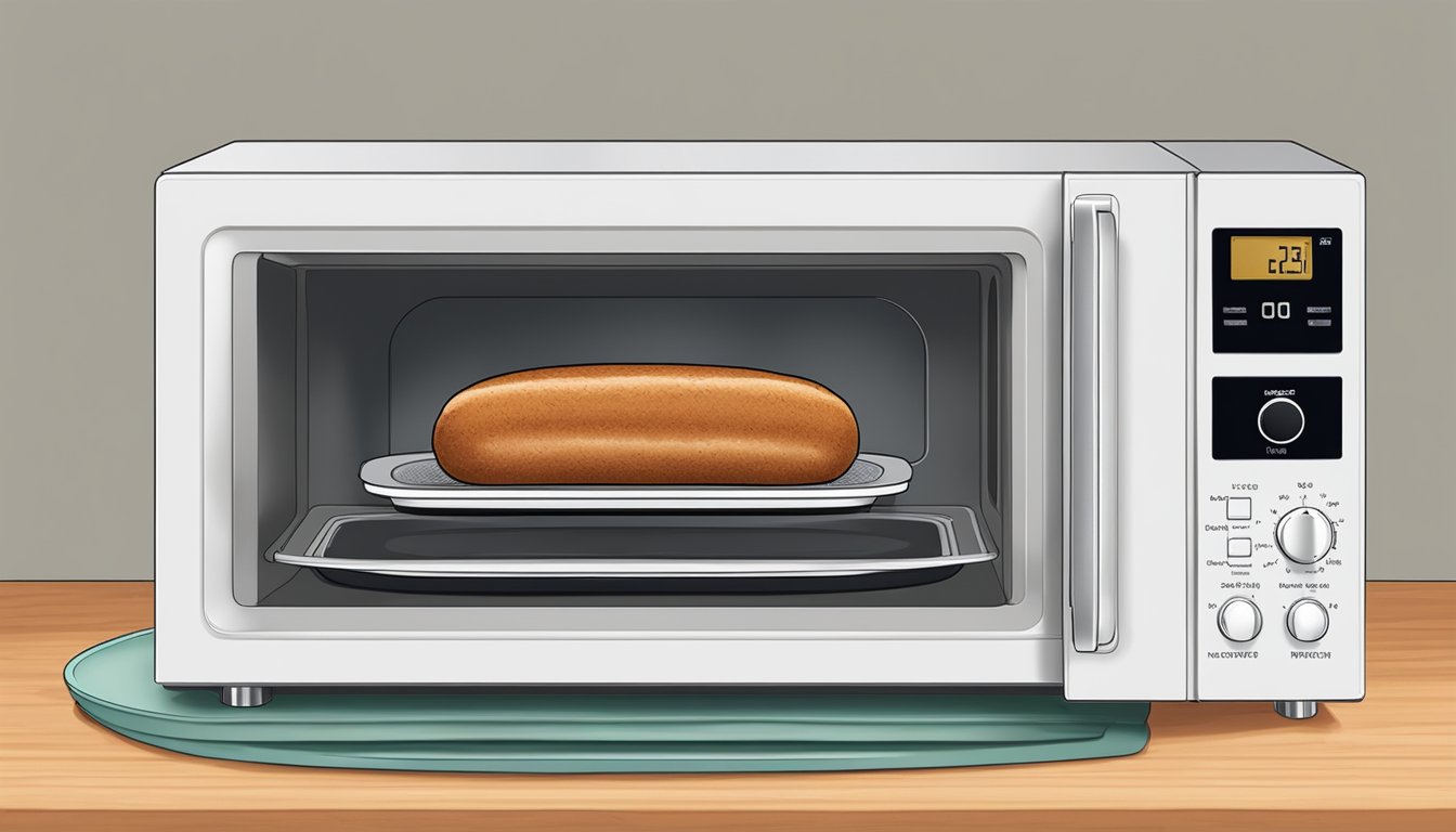 A plate of duck sausage positioned in the center of a microwave turntable, with a microwave-safe cover placed over the plate to prevent splattering