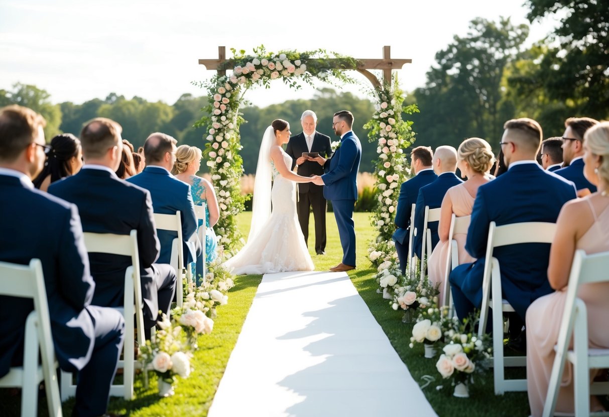 A sunlit outdoor wedding ceremony, with guests seated in rows facing an arch adorned with flowers. A white aisle runner leads to the arch, where a couple stands exchanging vows