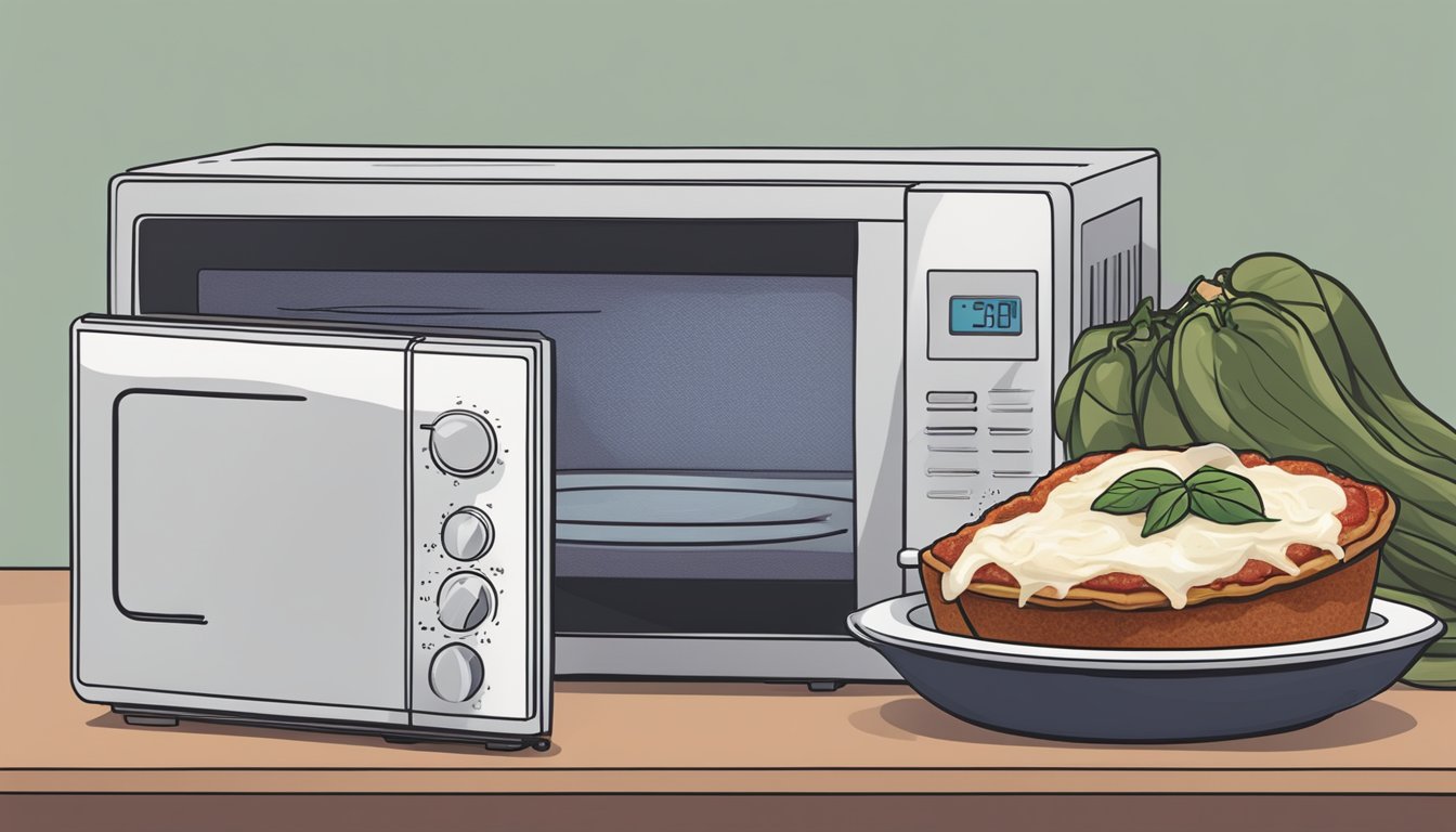 A microwave next to a plate of eggplant parmesan. A steaming dish emerges from the microwave