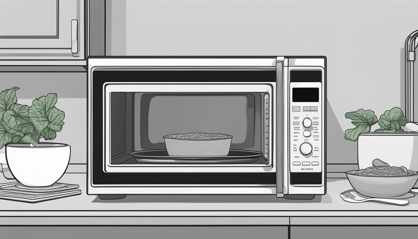 A plate of eggplant parmesan sits in the center of a microwave, the timer set and the door closed, ready to be reheated