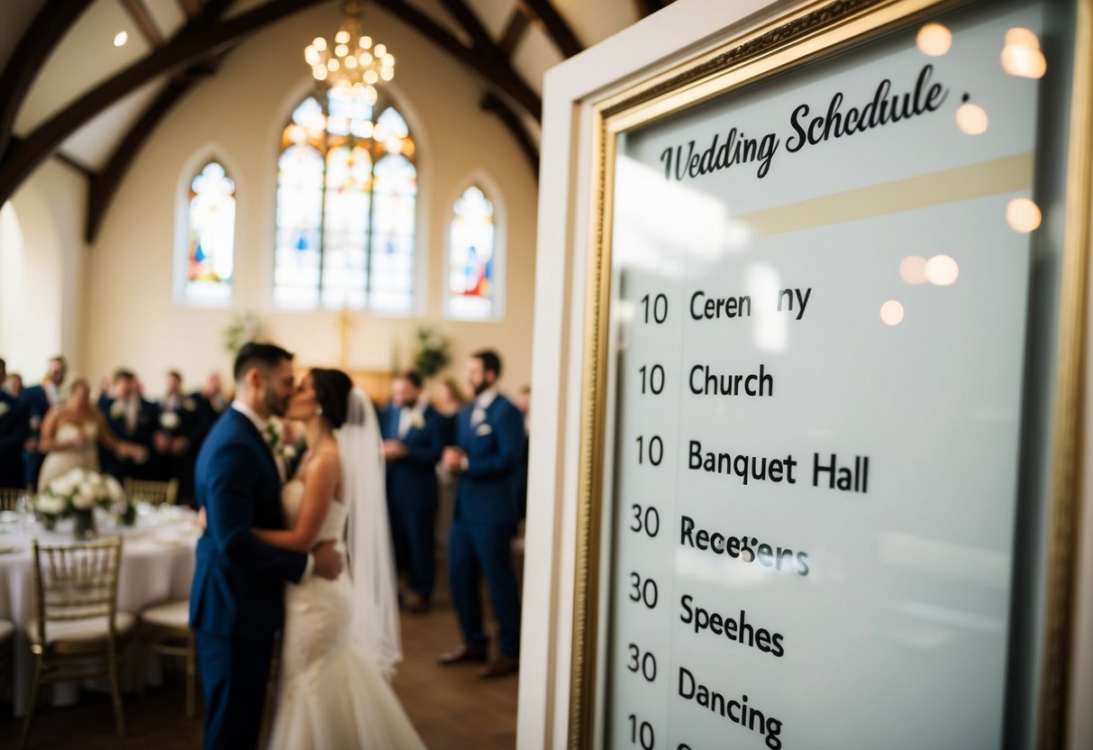 A wedding schedule: ceremony in a church, followed by a reception in a banquet hall, with dinner, speeches, and dancing