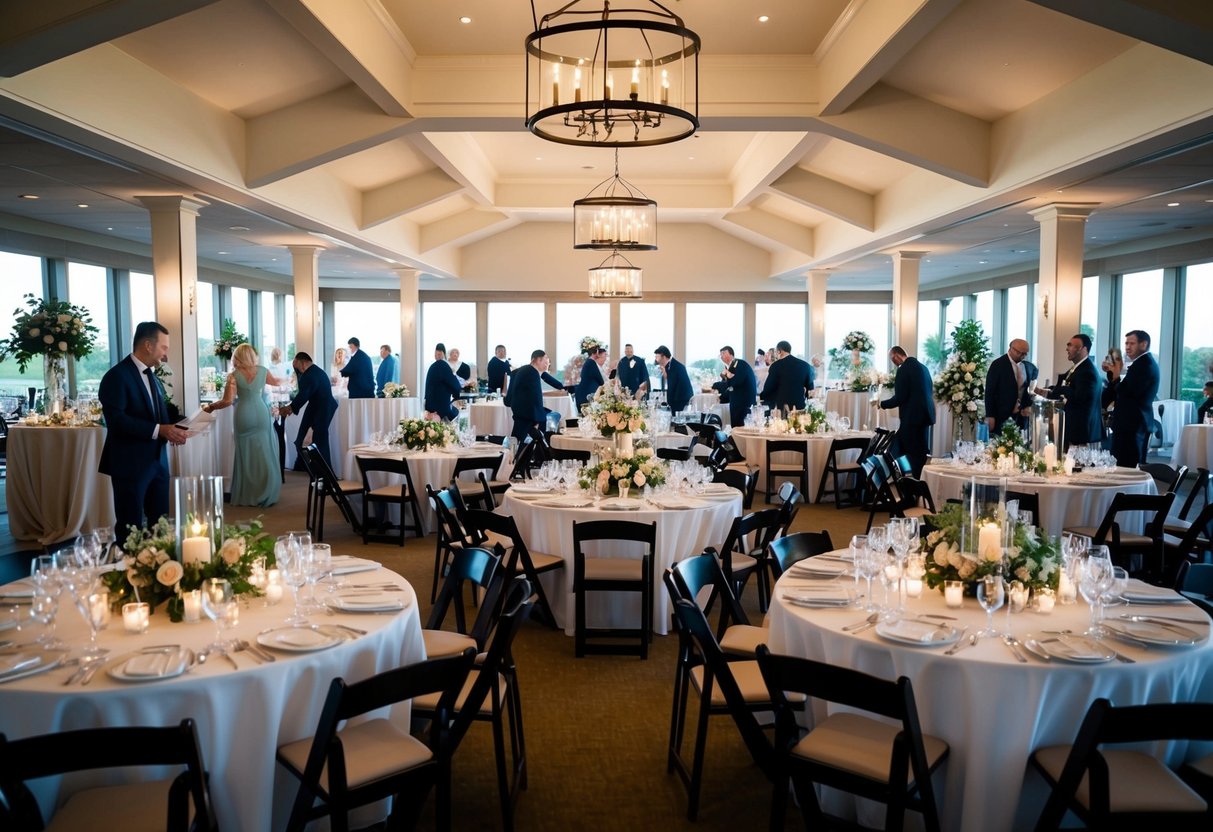 A bustling wedding venue with vendors setting up and coordinating details, from floral arrangements to seating arrangements, spanning from morning to evening
