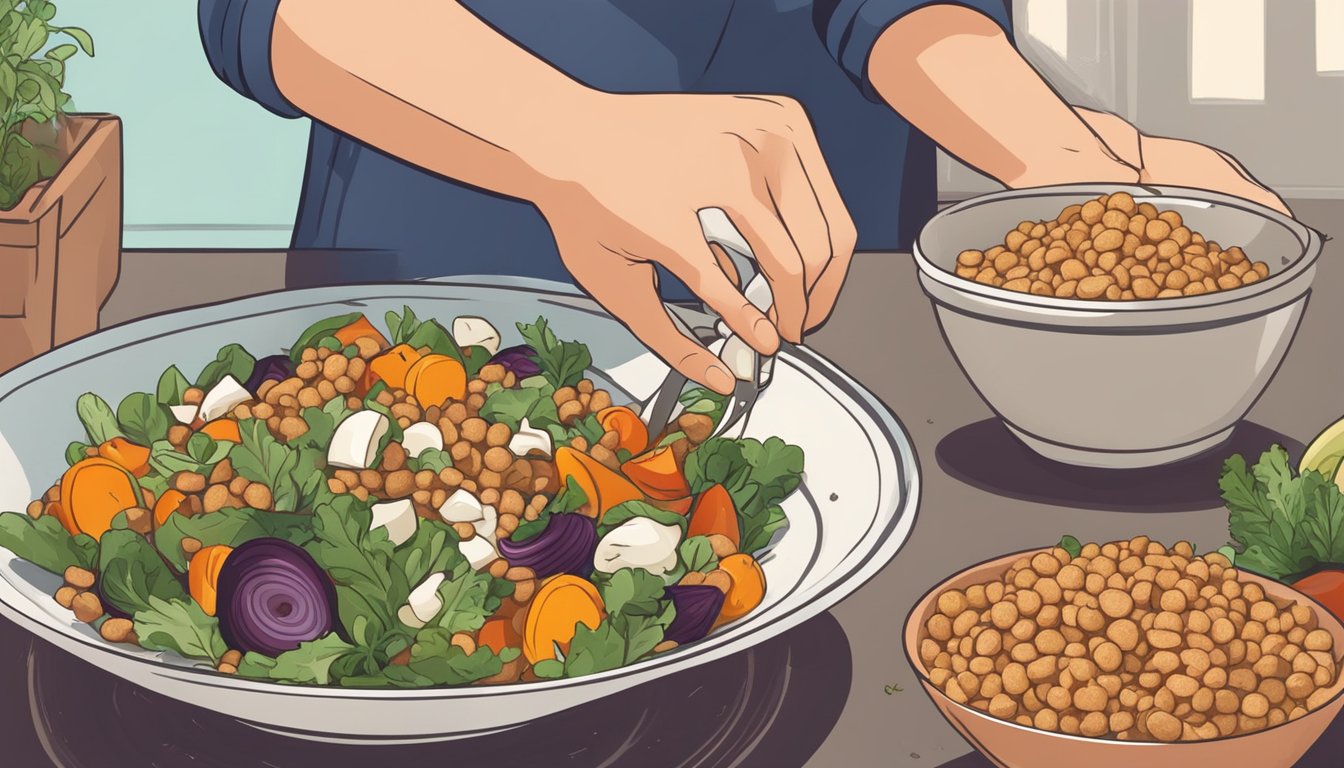 A hand reaching for a bowl of farro salad with roasted vegetables, surrounded by fresh, high-quality ingredients