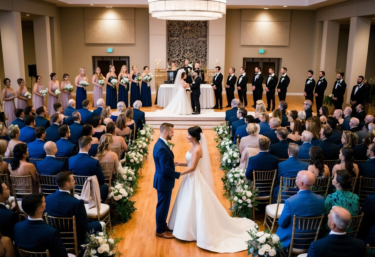 A wedding ceremony with guests seated in rows, a decorated altar, and a couple exchanging vows. A reception hall with tables set for a meal and a dance floor with a live band
