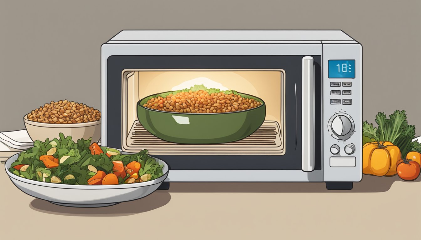 A microwave with a bowl of farro salad and roasted vegetables inside, with steam rising from the bowl