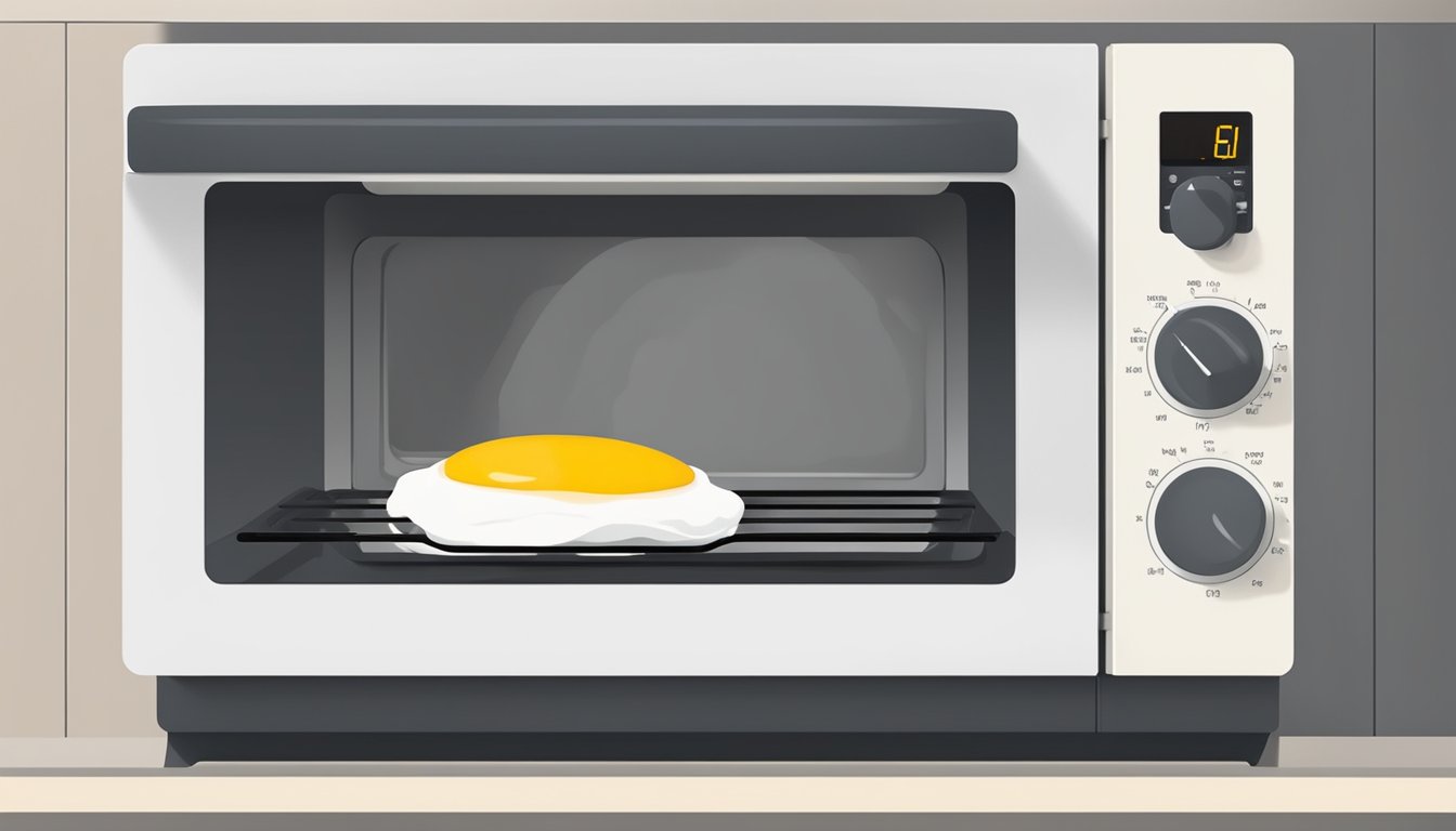 A plate of Eggs Benedict being gently warmed in a microwave