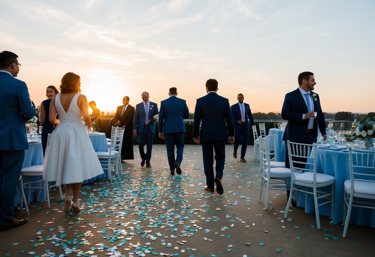Guests leaving the venue, scattered confetti on the ground, empty chairs and tables, and a setting sun in the background