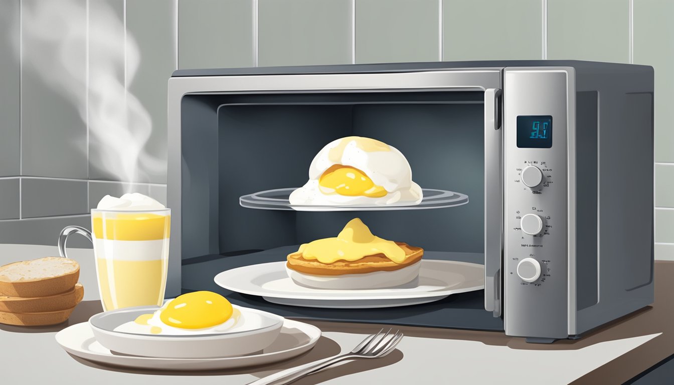 A plate of eggs benedict being placed in a microwave next to a cup of hot water