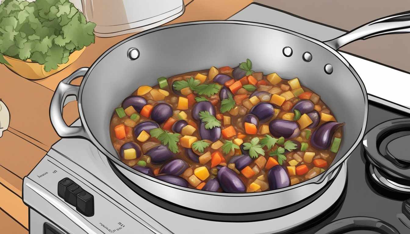 Eggplant caponata in a saucepan on a stovetop, being gently reheated