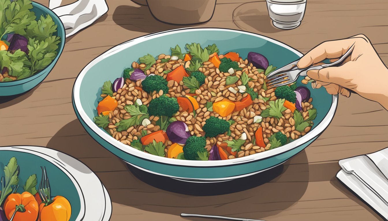 A hand reaching for a bowl of farro salad with roasted vegetables, a fork resting on the side