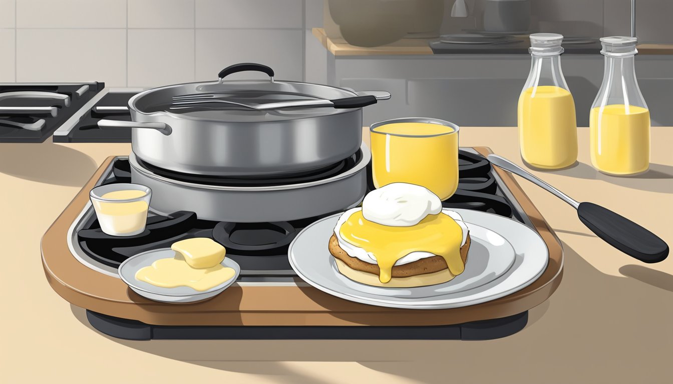 A small pot on a stovetop, with a spoon stirring Hollandaise sauce over low heat. A plate of eggs benedict sits nearby