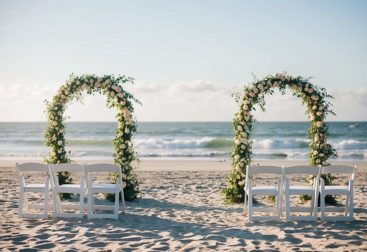 A sunny beach with a gentle breeze, white chairs arranged on the sand, a floral archway, and the sound of waves in the background