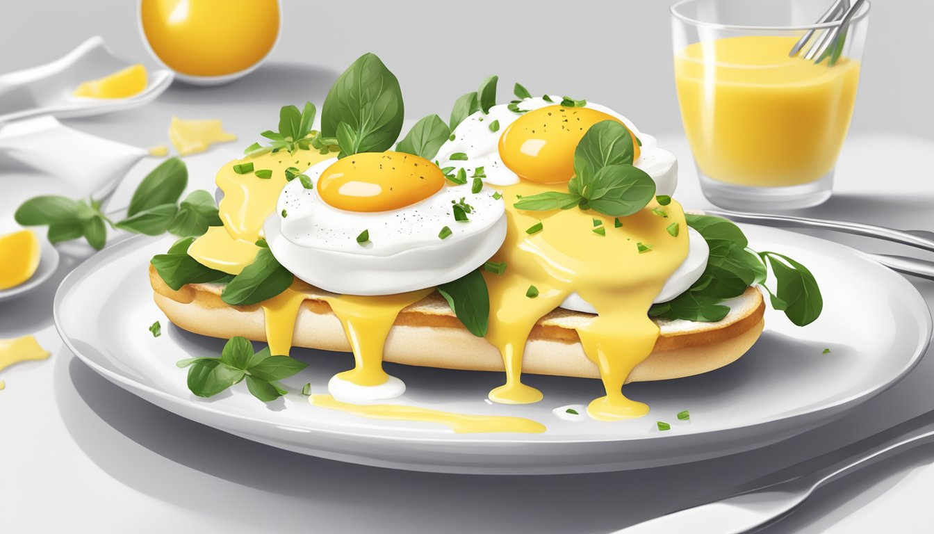 A plate of eggs benedict being carefully arranged with garnishes on a white serving platter