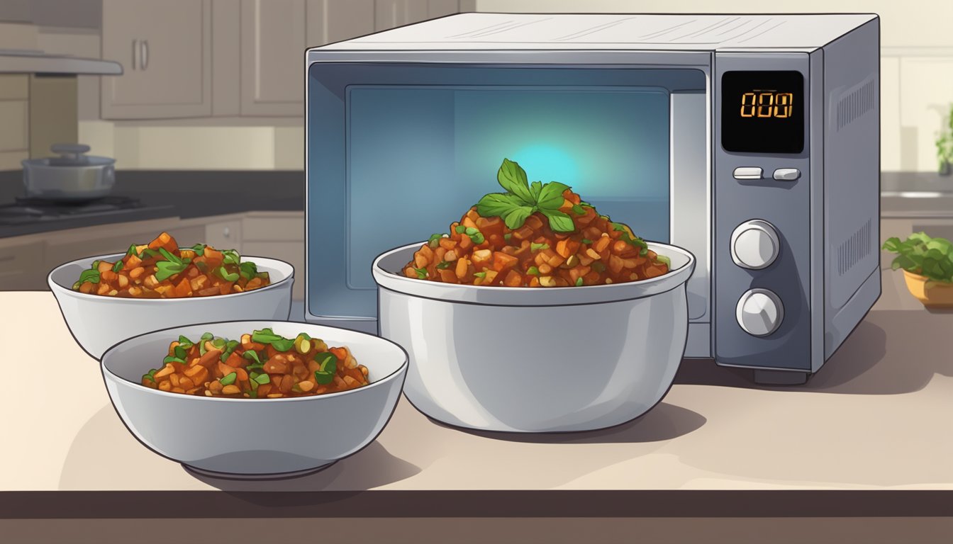 A microwave emitting waves towards a bowl of eggplant caponata on a plate