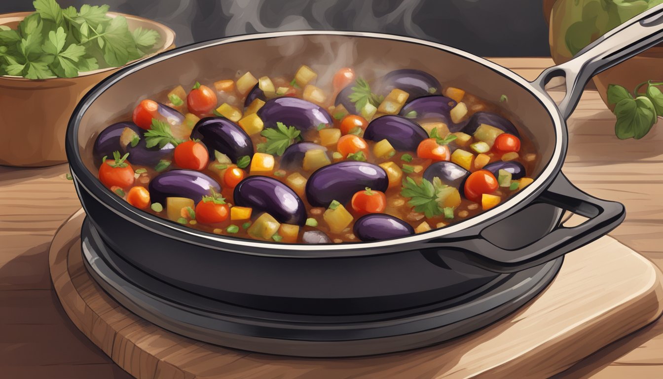 A rustic ceramic dish of eggplant caponata being reheated in a skillet, with steam rising and a sprinkle of fresh herbs for garnish