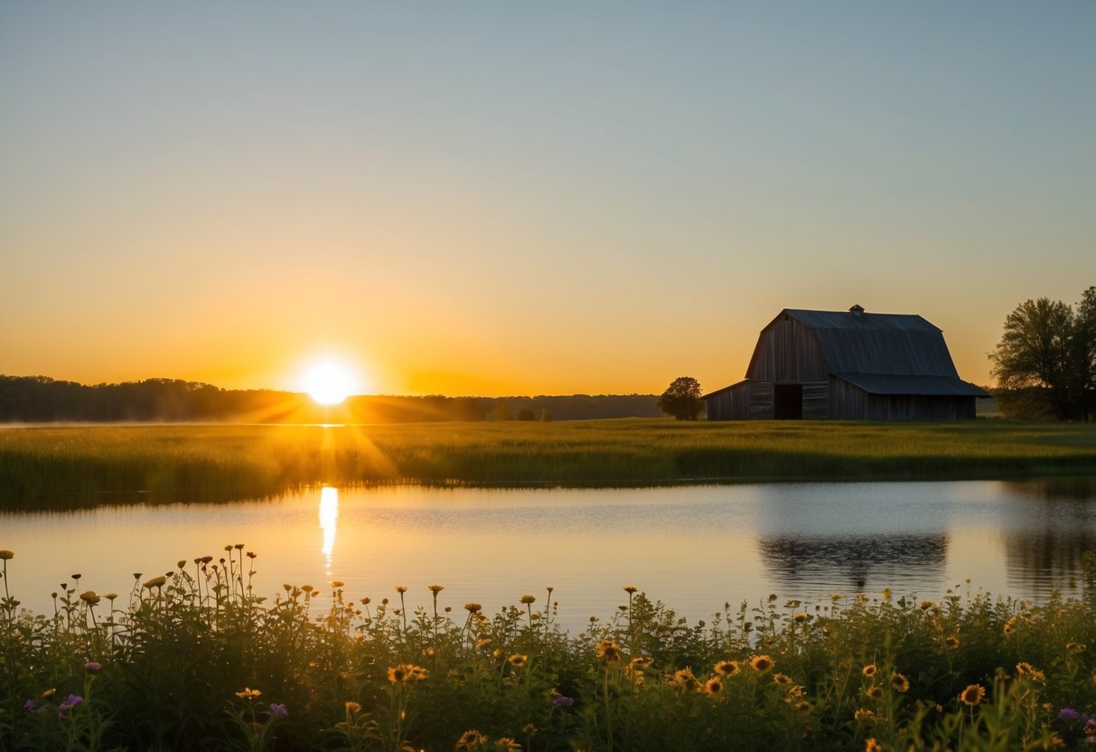 A golden sun setting over a serene lake, with a flower-filled meadow and a rustic barn in the background