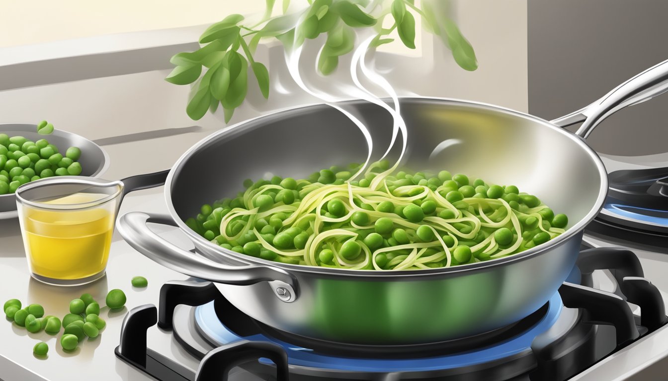 A steaming bowl of fettuccine with vibrant green pesto and plump peas, being gently reheated in a pan on a stovetop