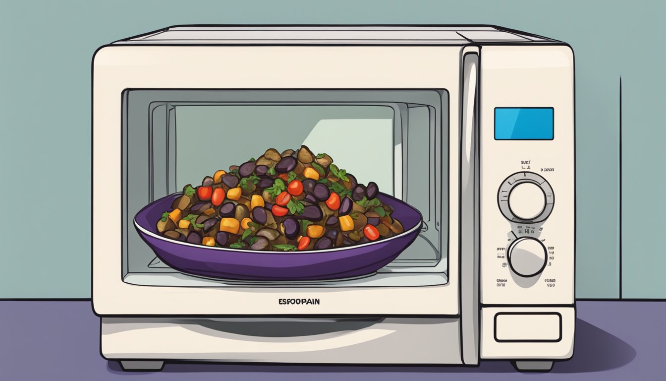 A bowl of eggplant caponata being reheated in a microwave