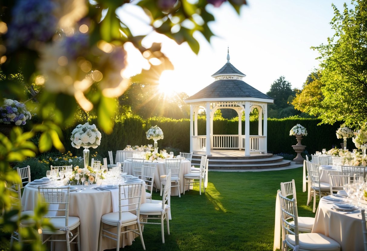 A sunlit garden with blooming flowers, a picturesque gazebo, and elegant seating for a romantic outdoor wedding reception